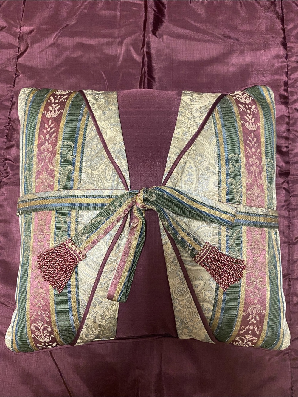 Croscill Burgundy and Multicolor Striped Tie-Front Accent Pillow